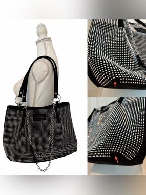 Silver Rhinestone Chain-Accent Over-the-Shoulder Medium Black Tote Bag
